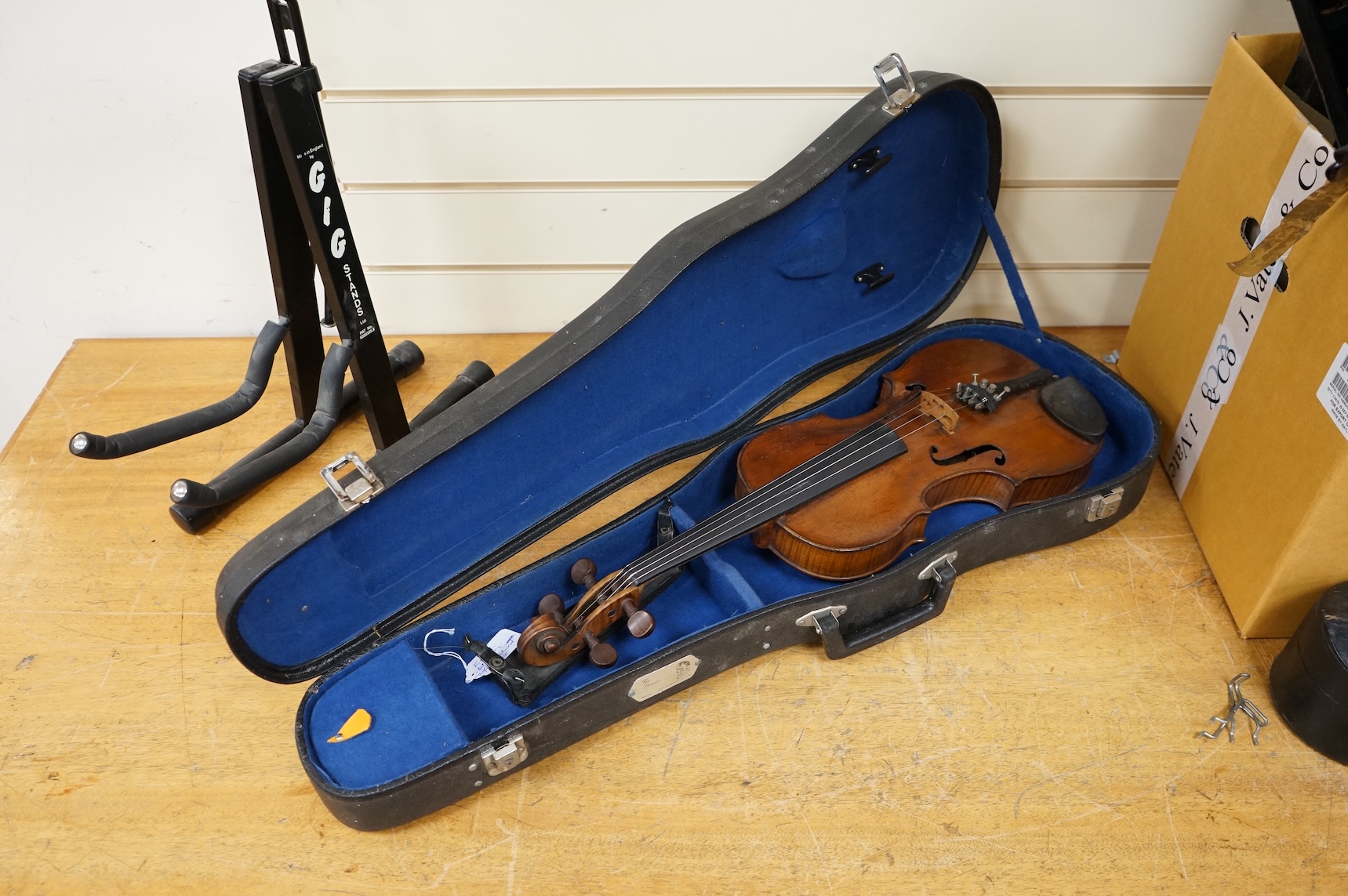 A late 18th century cased English violin, possibly after Richard Duke, length of body 35.5cm.